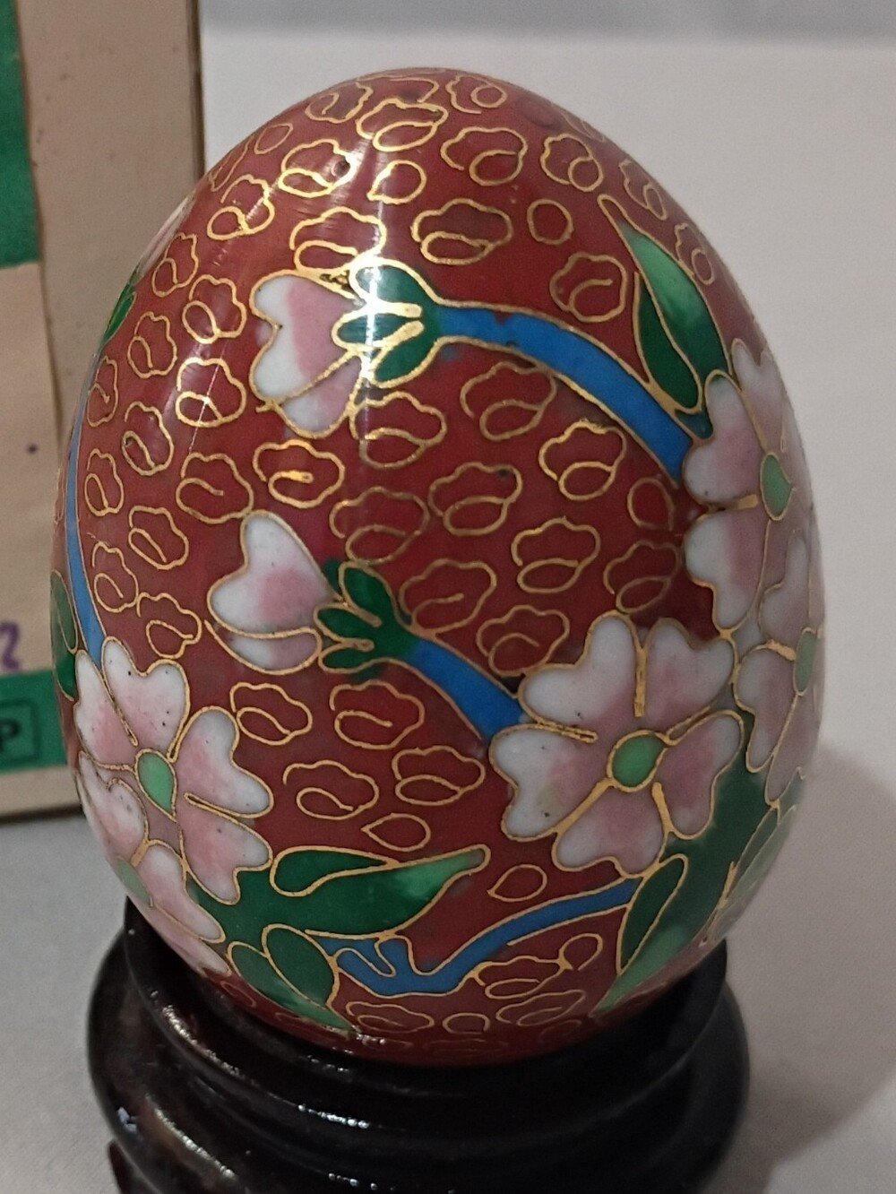 Vintage Cloisonné Egg on Stand Enamel on Brass Floral